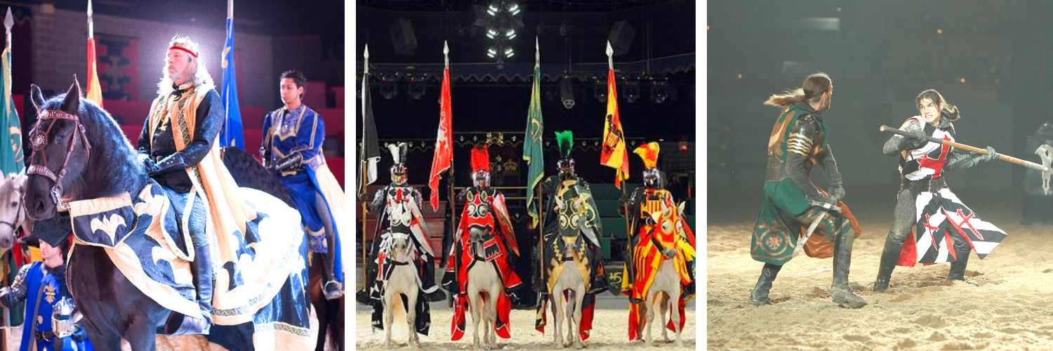 Medieval Times collage featuring horses and men jousting
